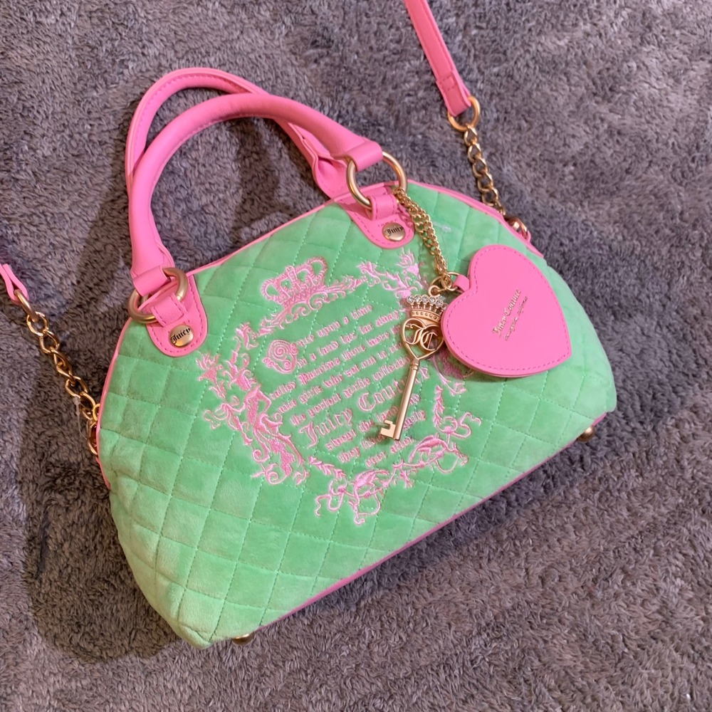Juicy Couture Green‎ Pink Quilted Velour Satchel Crossbody Bag Crown Embroidery